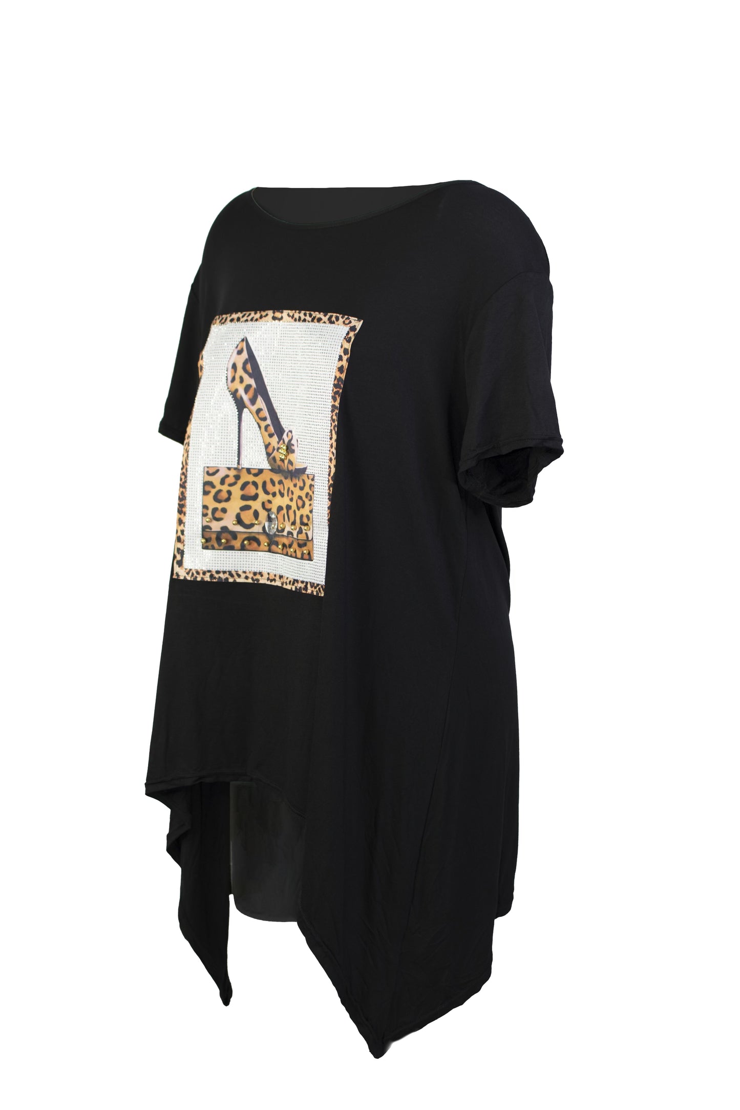 Woman’s Black Top - Beaded Leopard Purse & High Heel Decal
