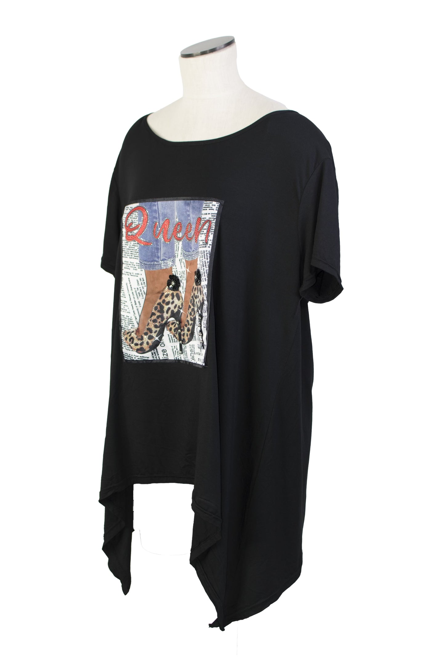 Woman’s Black Top - Queen with Rhinestone Leopard High Heel Decal