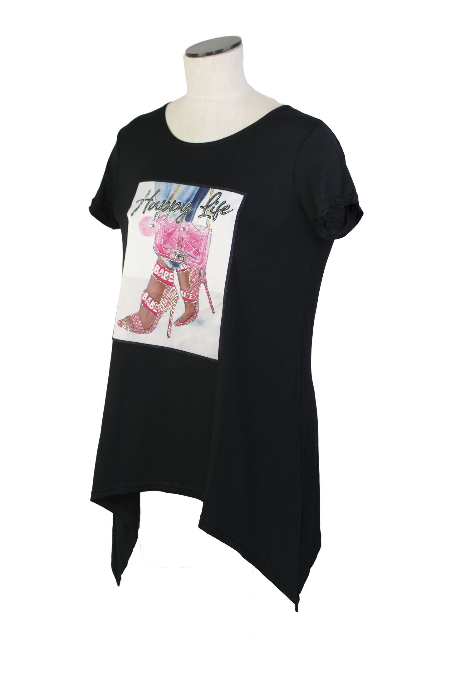 Woman’s Black Top - Happy Life with Rhinestone High Heel & Purse Decal