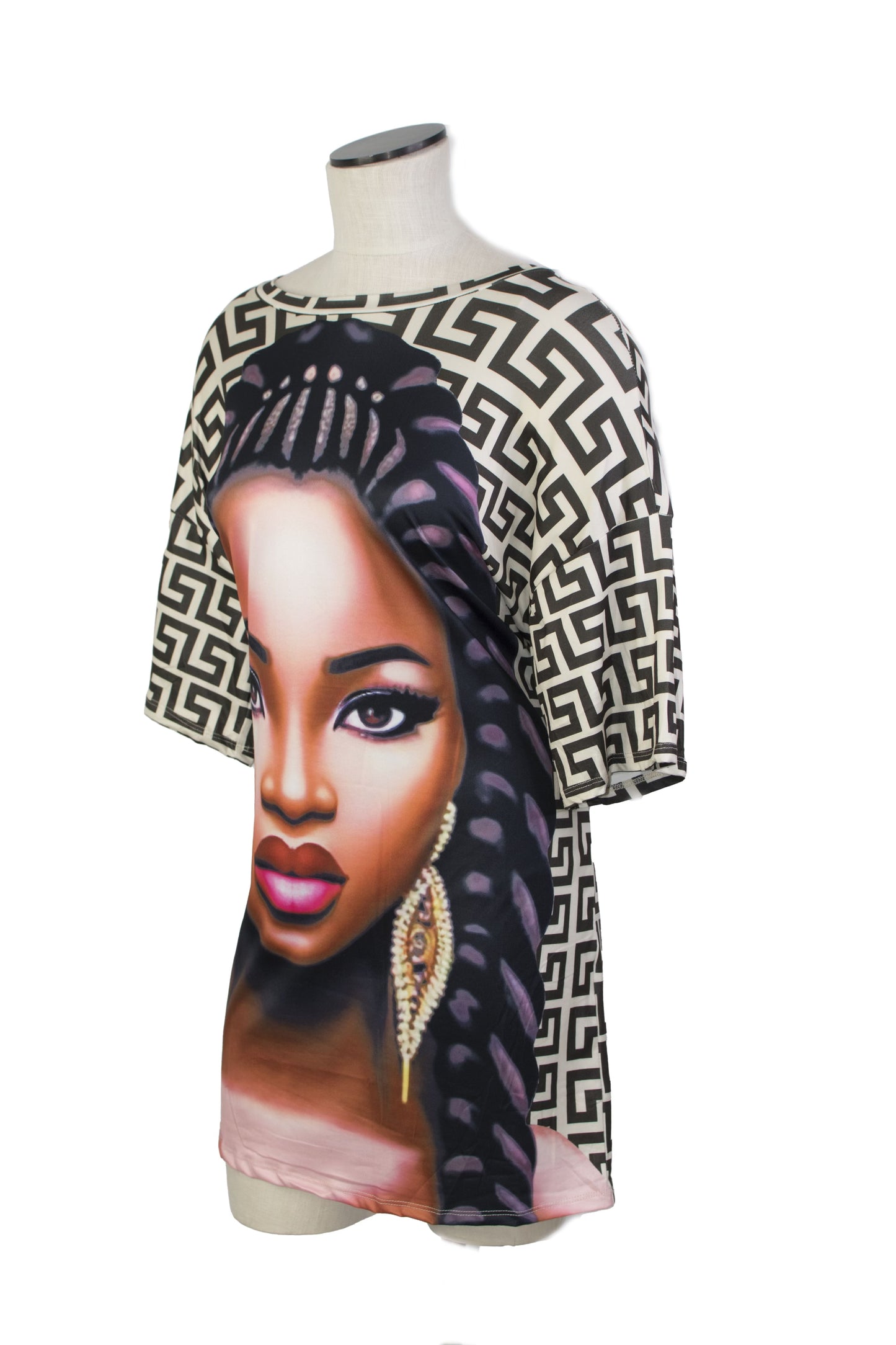 Beige African Print Mini Dress with Face