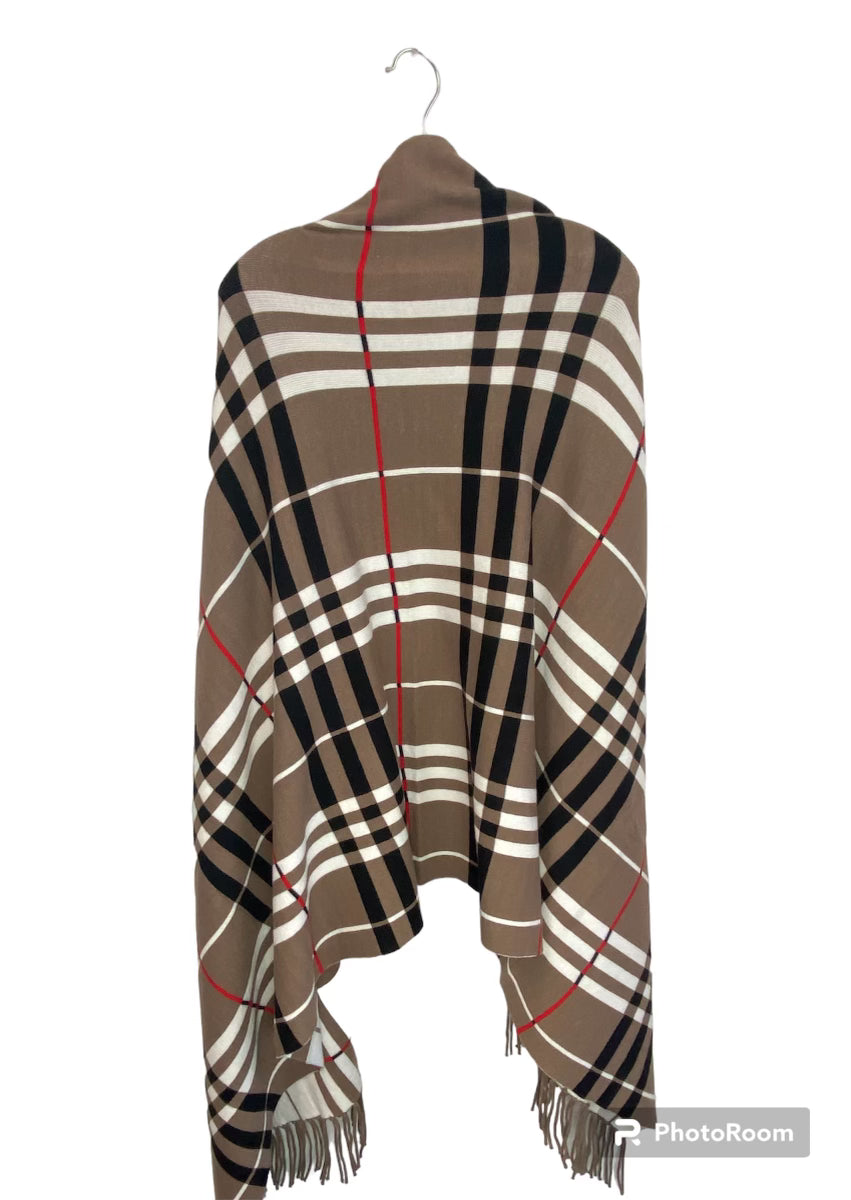 Brown & White Cardigan Shawl with Fringes