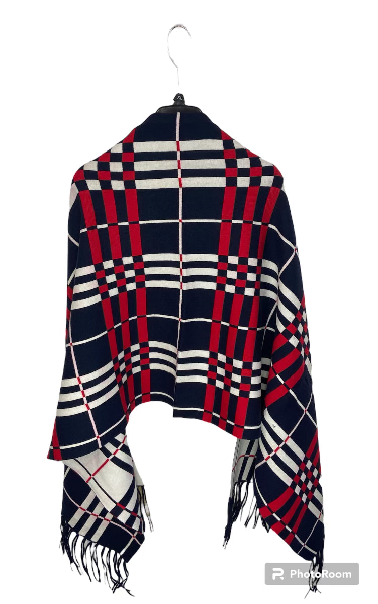 Navy Blue & White Cardigan Shawl with Fringes (red accents)