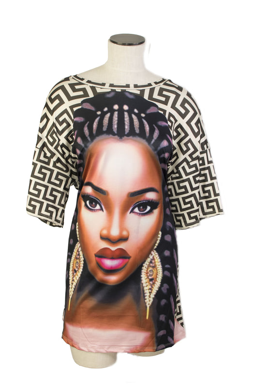 Beige African Print Mini Dress with Face