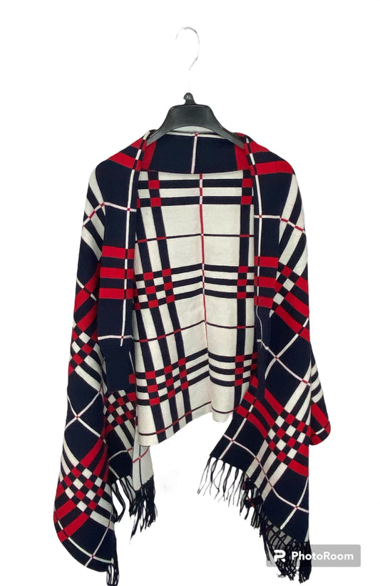 Navy Blue & White Cardigan Shawl with Fringes (red accents)