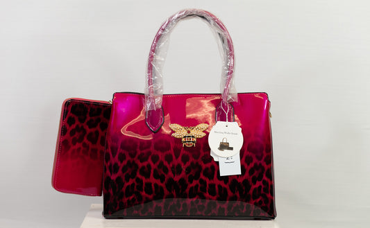 Bee Monogram Handbag - 2 Piece Set (Hot Pink Leopard Print)