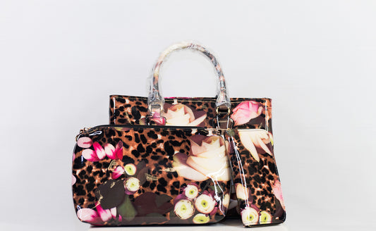 Floral Satchel Handbag - 3 Piece Set