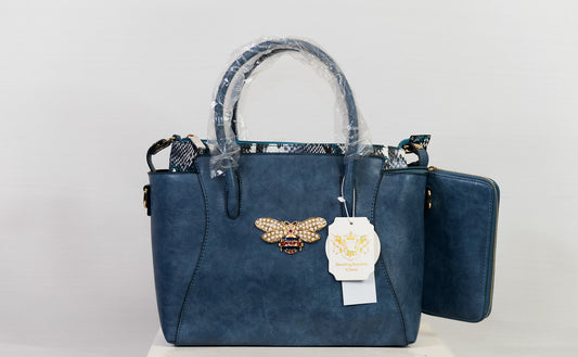 Bee Monogram Handbag - 3 Piece Set (Blue)